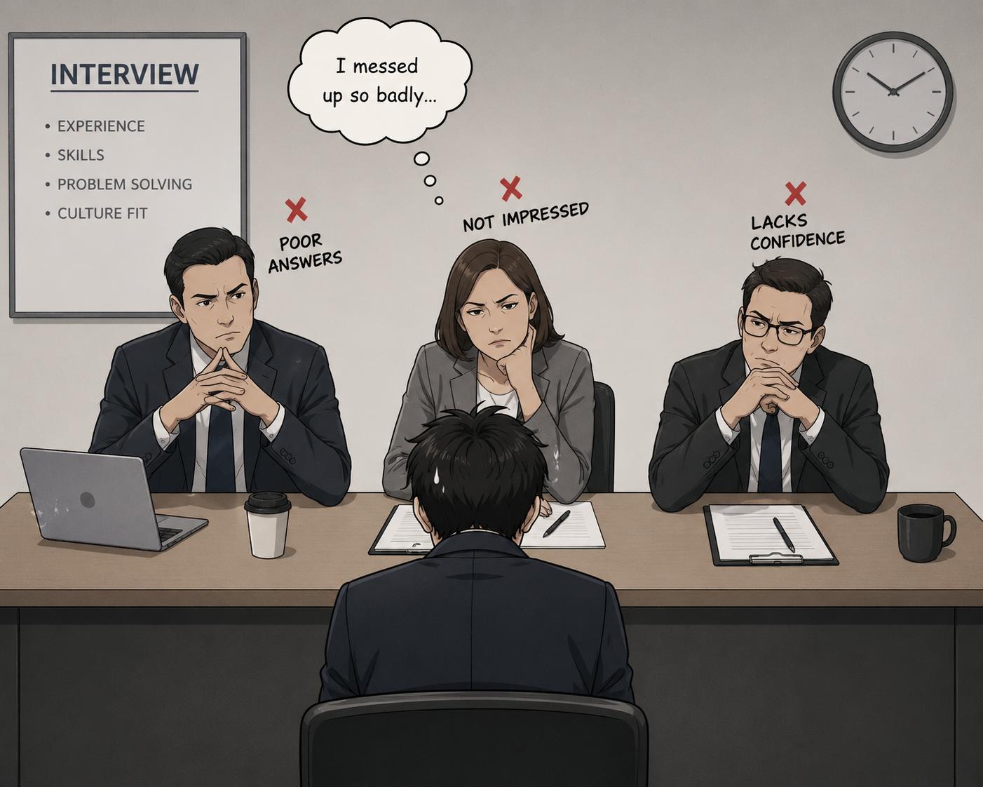 Illustration: three interviewers sit stone-faced across a table from a candidate, their notes marked "poor answers", "not impressed", "lacks confidence".